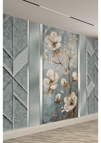 Yağlı Boya Dokulu Beyaz Çiçek Desenli Geometrik Panelli Tekstil Duvar Kağıdı