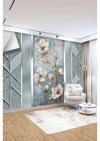 Yağlı Boya Dokulu Beyaz Çiçek Desenli Geometrik Panelli Tekstil Duvar Kağıdı fiyatları
