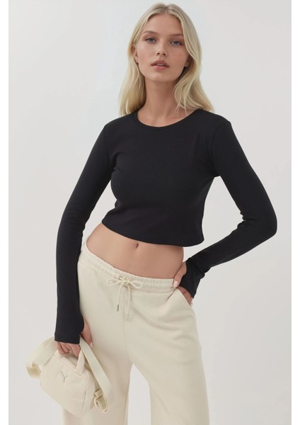 Kadın Esnek Bisiklet Yaka Uzun Kollu Kısa Üst Busem Collection Black