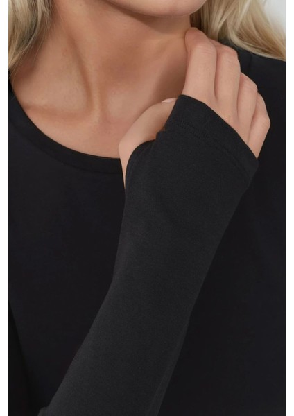 Kadın Esnek Bisiklet Yaka Uzun Kollu Kısa Üst Busem Collection Black fiyatları