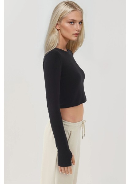 Kadın Esnek Bisiklet Yaka Uzun Kollu Kısa Üst Busem Collection Black modelleri