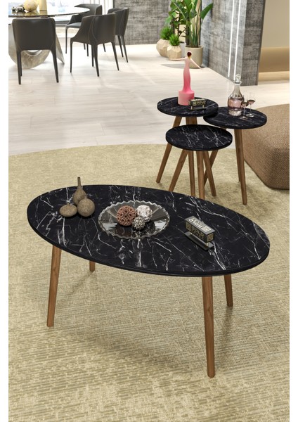 Mobilya Aksesuar ZİGON SEHPA VE ORTA SEHPA SET AHŞAP TORNA ELİPS SİYAH MERMER DESEN