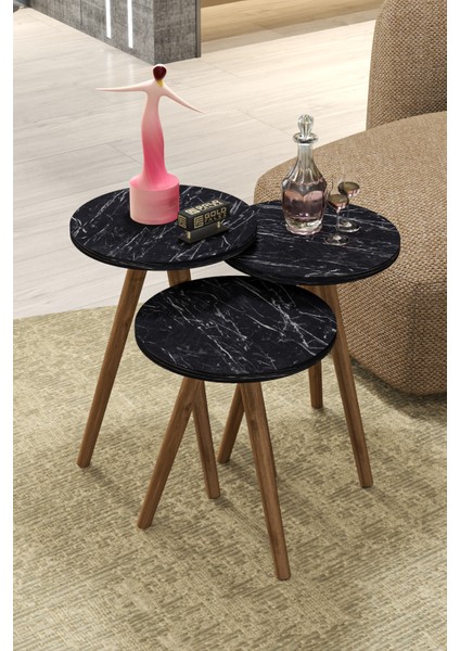 Mobilya Aksesuar ZİGON SEHPA VE ORTA SEHPA SET AHŞAP TORNA ELİPS SİYAH MERMER DESEN