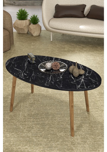 Mobilya Aksesuar ZİGON SEHPA VE ORTA SEHPA SET AHŞAP TORNA ELİPS SİYAH MERMER DESEN