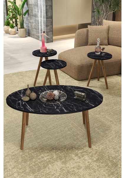 Mobilya Aksesuar ZİGON SEHPA VE ORTA SEHPA SET AHŞAP TORNA ELİPS SİYAH MERMER DESEN