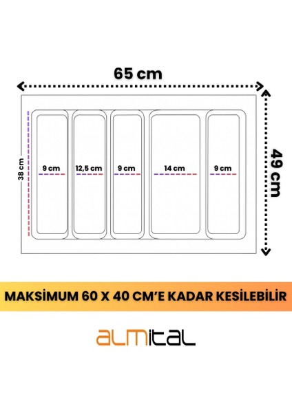 65x49 CM. 5 BÖLMELİ Gri Çekmece İçi Düzenleyici Kepçelik (60x40 Cm'e kadar kesilr) Ücretsiz Kesim