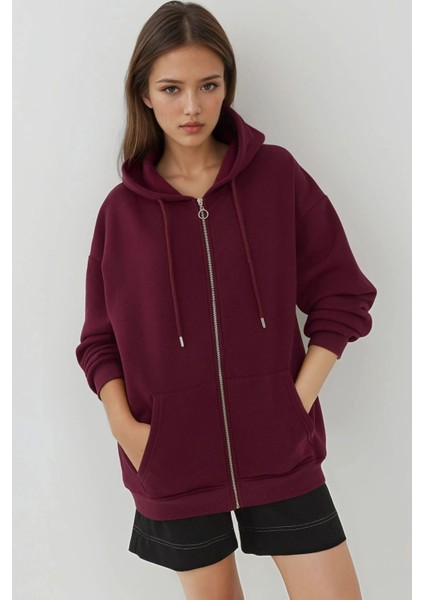 Kadın Şardonlu Cepli Fermuarlı Kapüşonlu Sweatshirt Busem Collection Red