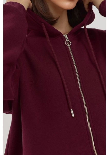 Kadın Şardonlu Cepli Fermuarlı Kapüşonlu Sweatshirt Busem Collection Red modelleri