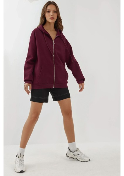 Kadın Şardonlu Cepli Fermuarlı Kapüşonlu Sweatshirt Busem Collection Red fırsatları