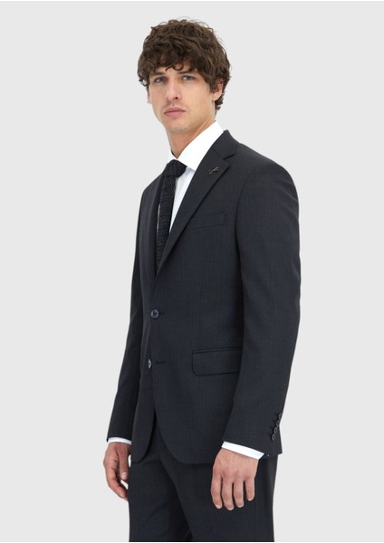 Antrasit Çizgili Modern Fit Yün Karışımlı Takım Elbise