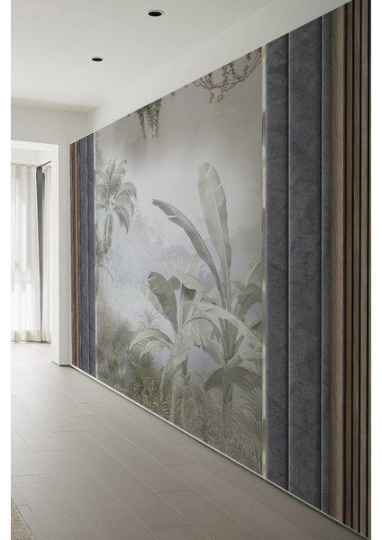 Tropikal Orman Manzaralı Antrasit Panelli Tek Parça Tekstil Duvar Kağıdı