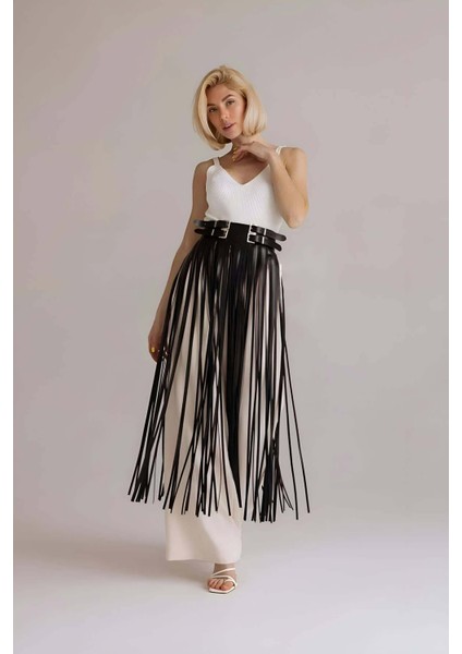 Püsküllü Deri Etek, Bel Üzeri Şık Püsküllü Deri Etek - BRF1090 indirimleri