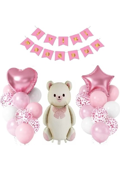 Pembe Renk Iyiki Doğdun Fiyonklu Ayı Folyolu Balon Set modelleri