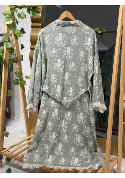 Müslin Kimono %100 Pamuklu Ahtapot Desenli Bornoz Kaftan Sabahlık