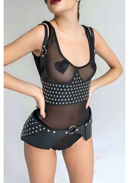 Perçin Detaytlı Şık Kemer ve Harness Takım - BRF1303 modelleri