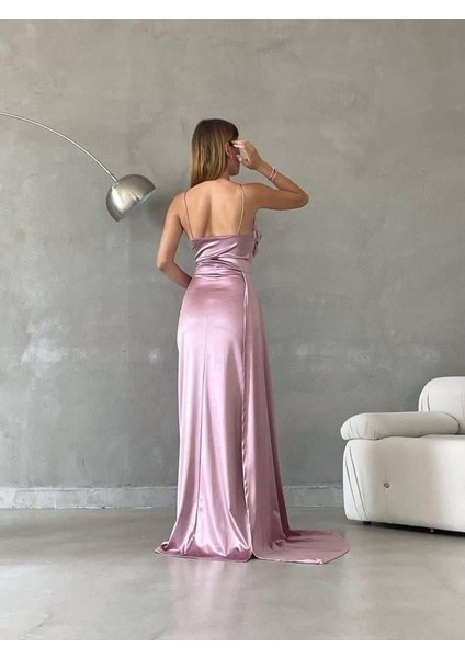 Ince Askılı Göğüs Drapeli Saten Elbise Gül Kurusu 582243 fırsatları
