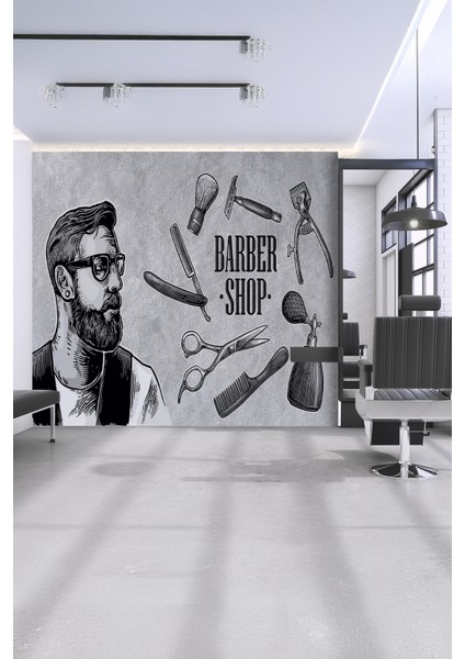 Retro Barber Shop Gri Tekstil Duvar Kağıdı