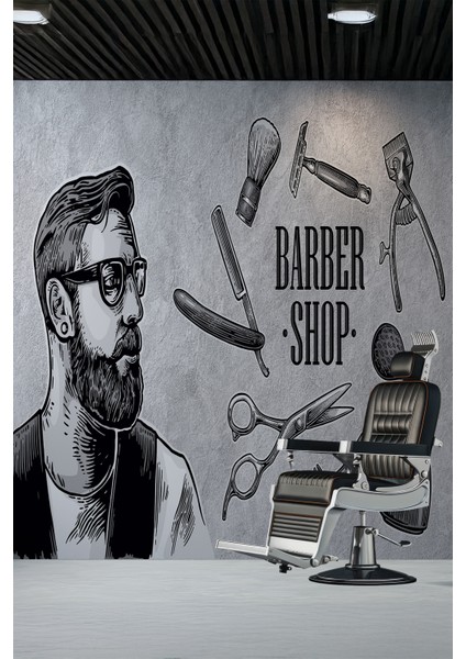 Retro Barber Shop Gri Tekstil Duvar Kağıdı modelleri
