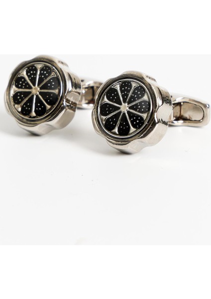 Gümüş Renk Siyah Yuvarlak Desenli Kol Düğmesi KD:7009 fiyatları