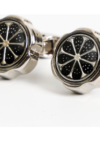 Gümüş Renk Siyah Yuvarlak Desenli Kol Düğmesi KD:7009 modelleri