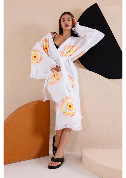 Müslin Kimono %100 Pamuklu Göz Baskılı Desenli Bornoz Kaftan Sabahlık modelleri