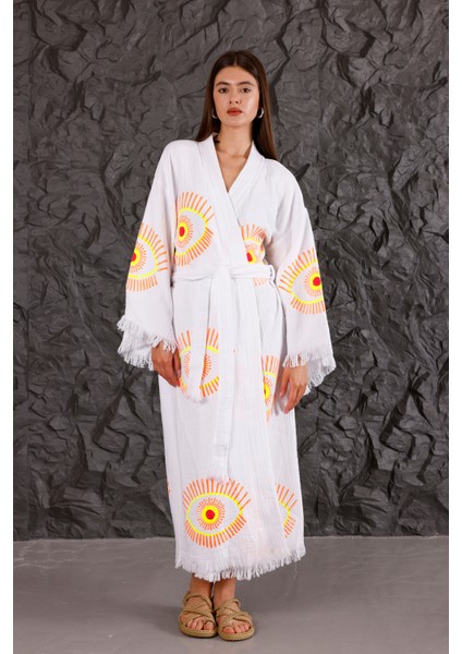 Müslin Kimono %100 Pamuklu Göz Baskılı Desenli Bornoz Kaftan Sabahlık indirimleri