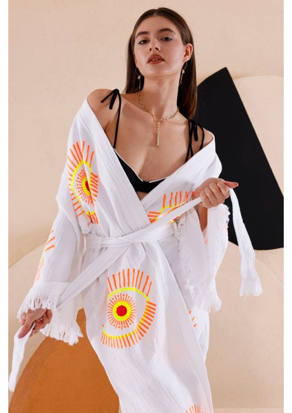 Müslin Kimono %100 Pamuklu Göz Baskılı Desenli Bornoz Kaftan Sabahlık