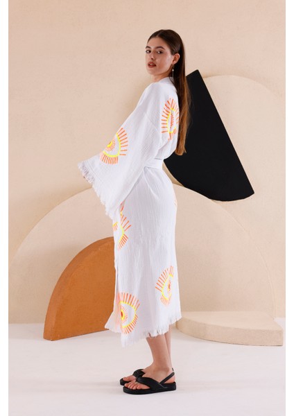 Müslin Kimono %100 Pamuklu Göz Baskılı Desenli Bornoz Kaftan Sabahlık