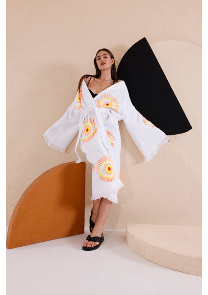Müslin Kimono %100 Pamuklu Göz Baskılı Desenli Bornoz Kaftan Sabahlık