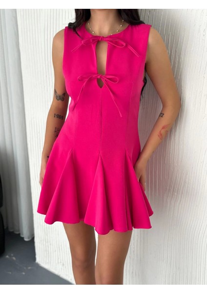 Göğüs Bağlamalı Kolsuz Mini Boy Elbise - Pembe