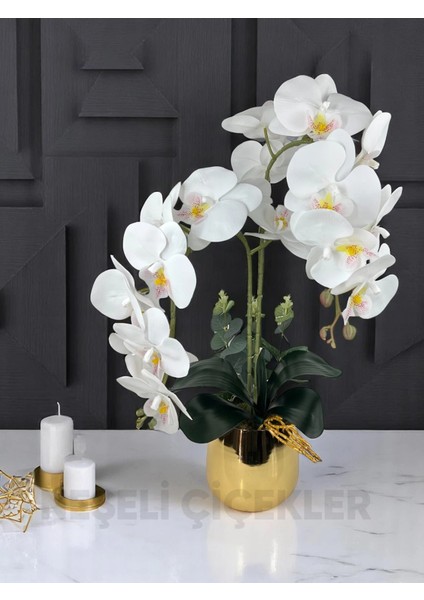 Yapay Çiçek Beyaz Islak Orkide 55 cm Lüks Gold Metal Saksıda Dekoratif Hediye Yapay Salon Çiçeği