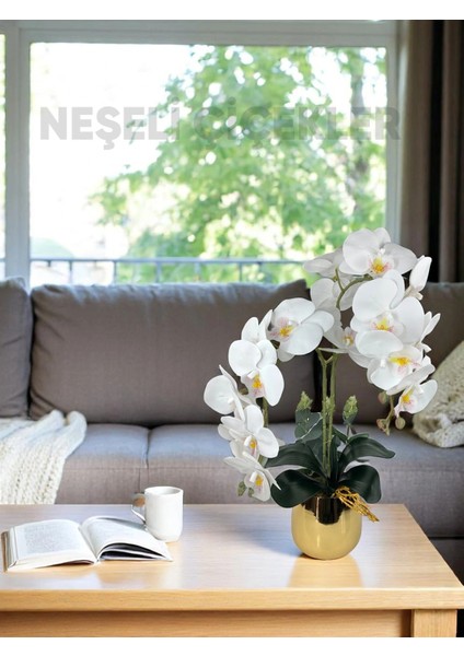 Yapay Çiçek Beyaz Islak Orkide 55 cm Lüks Gold Metal Saksıda Dekoratif Hediye Yapay Salon Çiçeği fiyatları