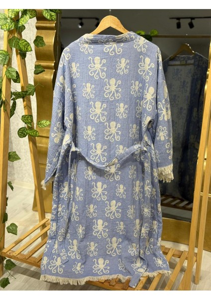 Müslin Kimono %100 Pamuklu Ahtapot Desenli Bornoz Kaftan Sabahlık