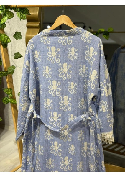 Müslin Kimono %100 Pamuklu Ahtapot Desenli Bornoz Kaftan Sabahlık