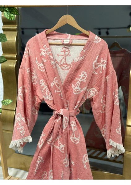 Müslin Kimono %100 Pamuklu Çapa Desenli Bornoz Kaftan Sabahlık