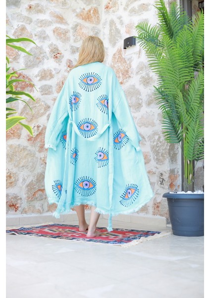 Müslin Kimono %100 Pamuklu Göz Baskılı Desenli Bornoz Kaftan Sabahlık