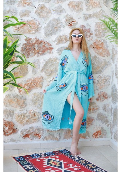 Müslin Kimono %100 Pamuklu Göz Baskılı Desenli Bornoz Kaftan Sabahlık fiyatları