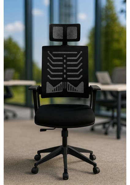 File Kumaş Siyah Döner Ofis Koltuğu Başlıklı Ergonomik Çalışma Müdür Sandalyesi