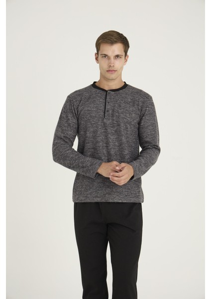 Erkek Siyah Uzun Kollu Düğmeli Yaka Düz Paça Pijama Takımı C8T6N08