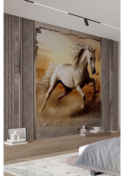 Özgürlük Atı - Dokulu Kumaş ve Mermer Efektli Tekstil Duvar Kağıdı