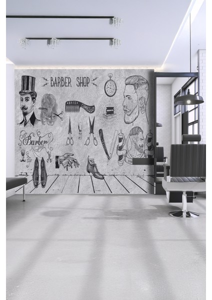 Vintage Barber Shop Retro Tekstil Duvar Kağıdı