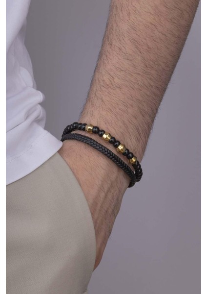 Çelik Aparatlı Oniks Taşlı Çift Sıra Erkek Deri Bileklik