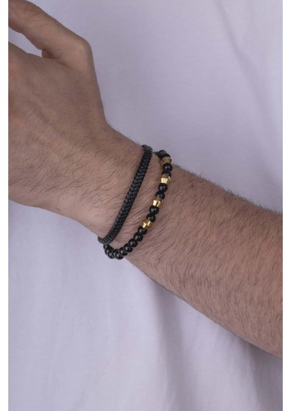 Çelik Aparatlı Oniks Taşlı Çift Sıra Erkek Deri Bileklik fiyatları