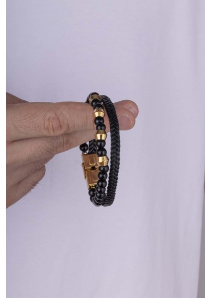 Çelik Aparatlı Oniks Taşlı Çift Sıra Erkek Deri Bileklik modelleri