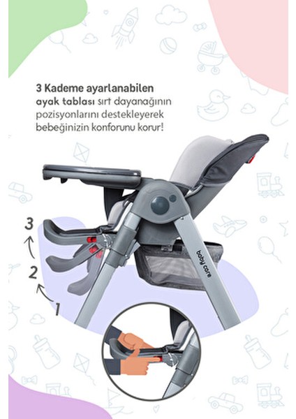 Flex Lüks Mama Sandalyesi Gri 0-3 Yaş İçin Ayarlanabilir Yükseklik ve Kolay Temizlenebilir indirimleri