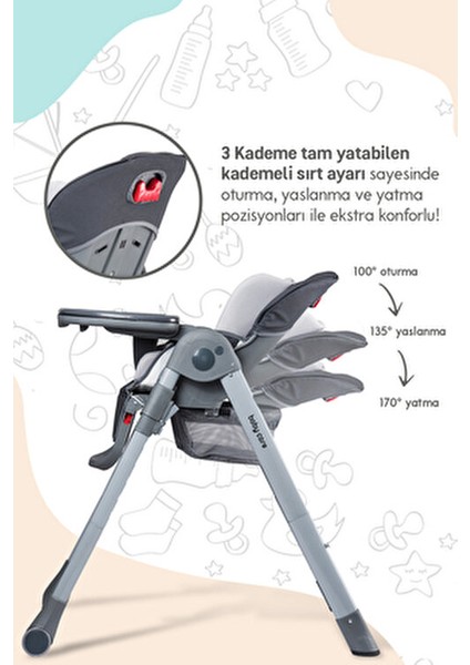 Flex Lüks Mama Sandalyesi Gri 0-3 Yaş İçin Ayarlanabilir Yükseklik ve Kolay Temizlenebilir