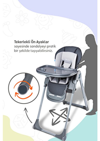 Flex Lüks Mama Sandalyesi Gri 0-3 Yaş İçin Ayarlanabilir Yükseklik ve Kolay Temizlenebilir