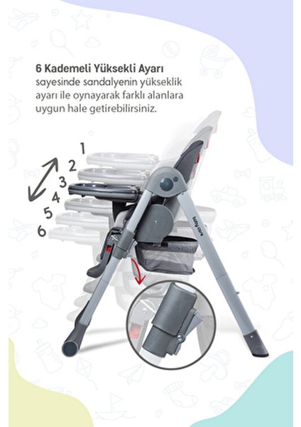 Flex Lüks Mama Sandalyesi Gri 0-3 Yaş İçin Ayarlanabilir Yükseklik ve Kolay Temizlenebilir