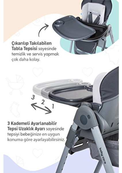 Flex Lüks Mama Sandalyesi Gri 0-3 Yaş İçin Ayarlanabilir Yükseklik ve Kolay Temizlenebilir