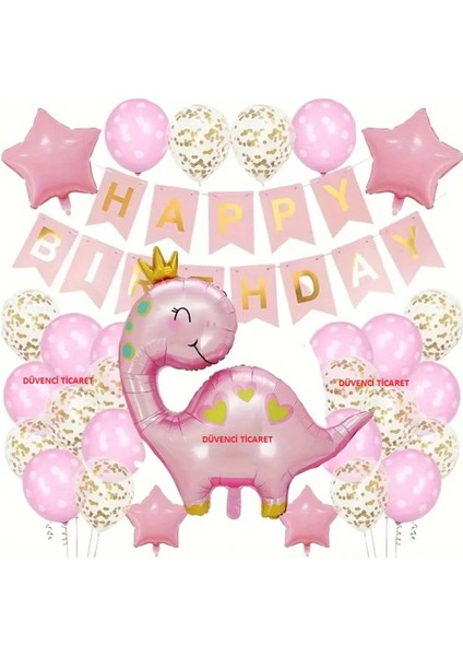 Pembe Taçlı Dinozor Folyolu Balon Set
